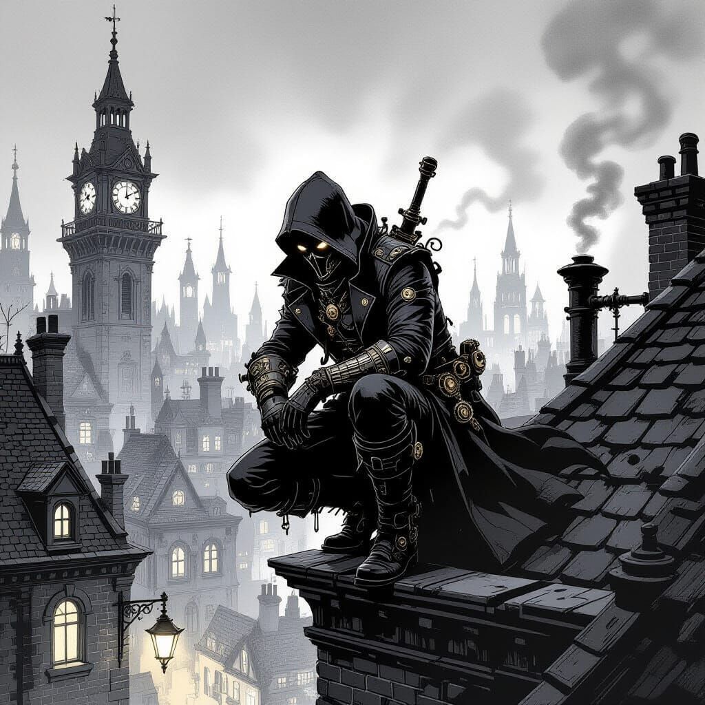 Steampunk Thief on Victorian Rooftops in Pencil Sketch Style