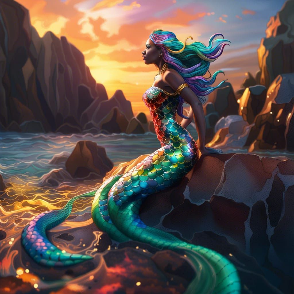 Colorful Snake-Scale Mermaid Queen at Sunrise