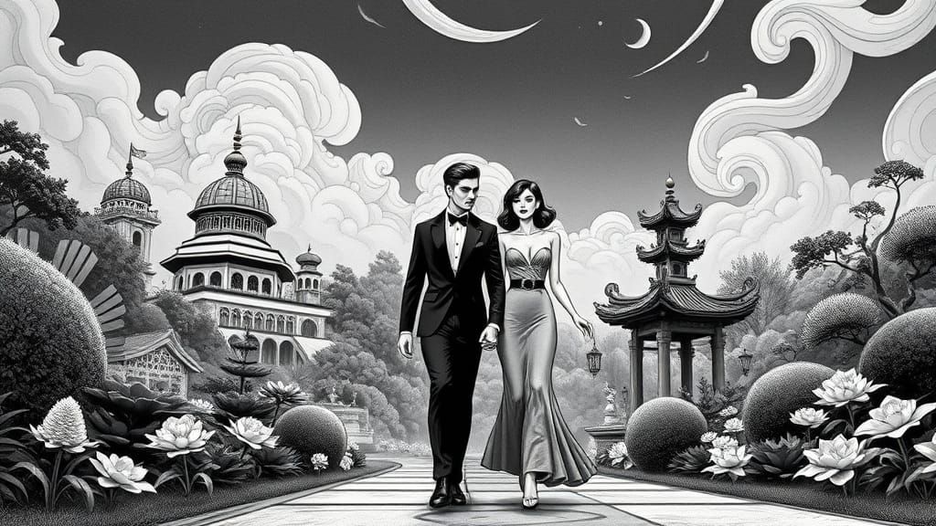 Elegant Couple in Art Deco Expressionist Garden