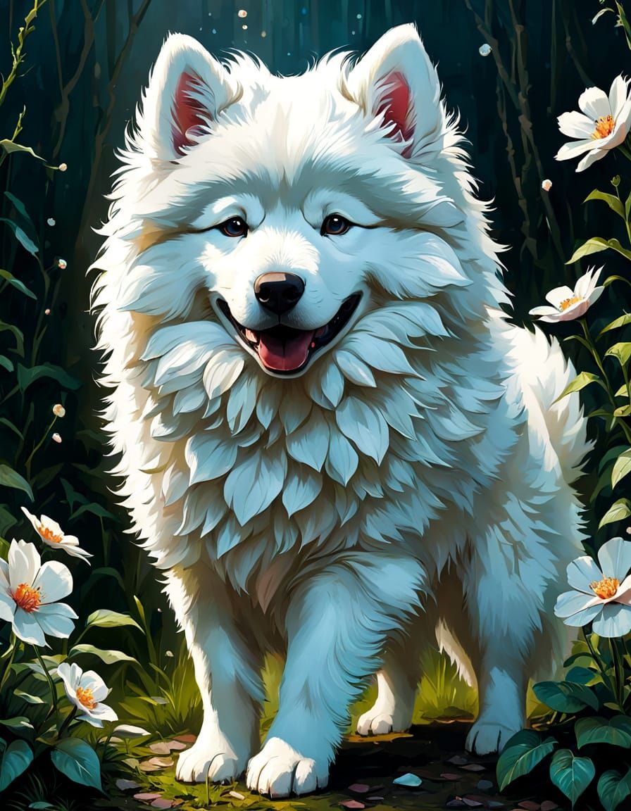Floral Spring Baby Samoyed Dog in Whimsical Digital Art