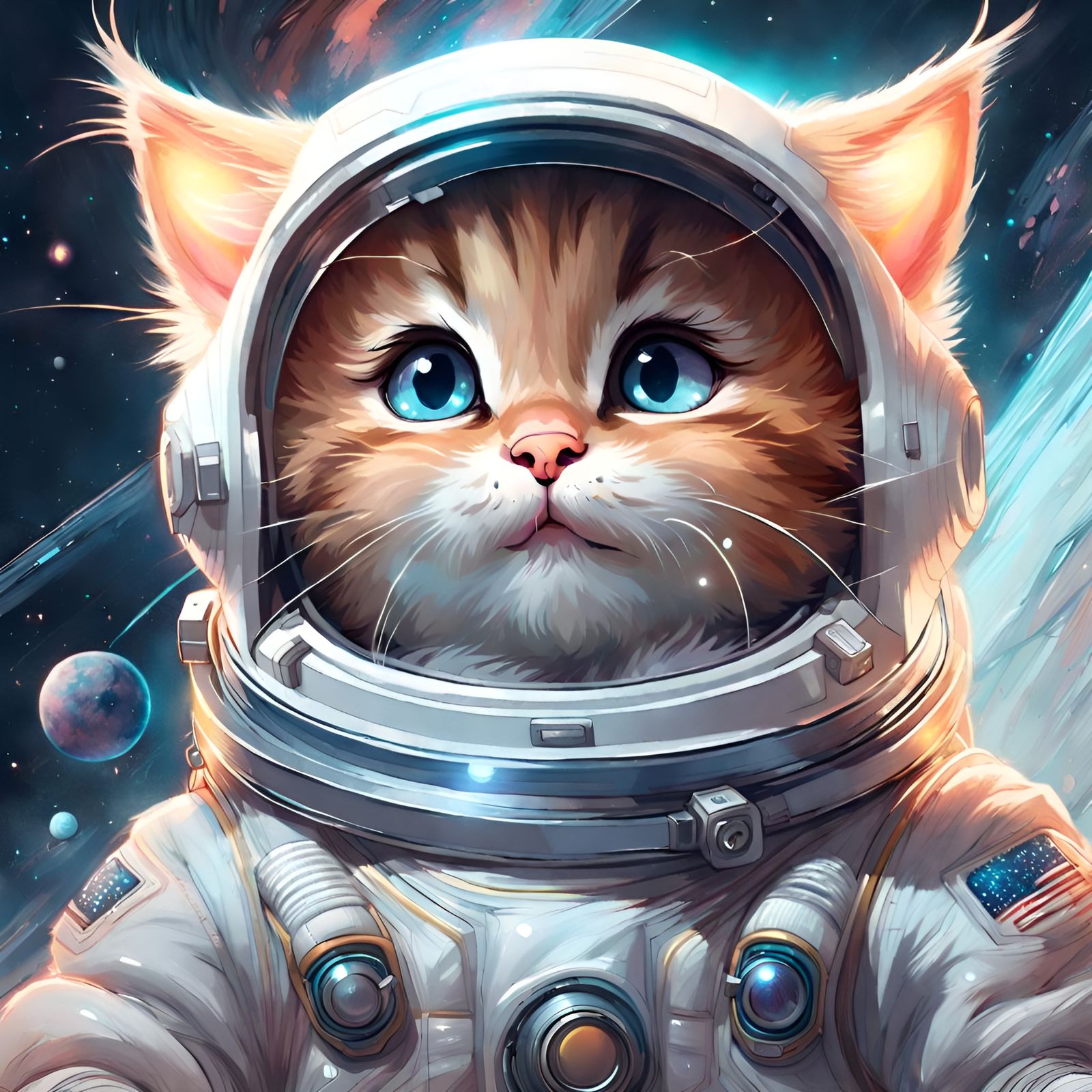 Cartoon Cat Astronaut in Space Art