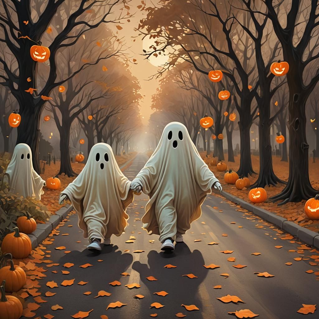 Ghosts Trick-or-Treating in Whimsical Digital Art