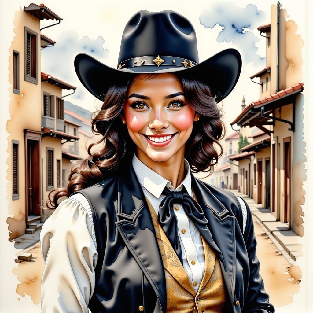 Beautiful Woman in Cowboy Attire: Watercolor Painting