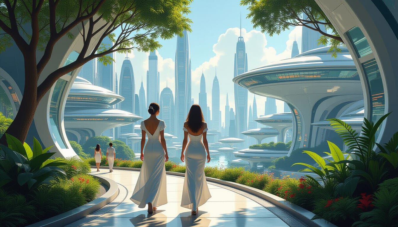 Utopian Future: Woman in Frutiger Aero Cityscape