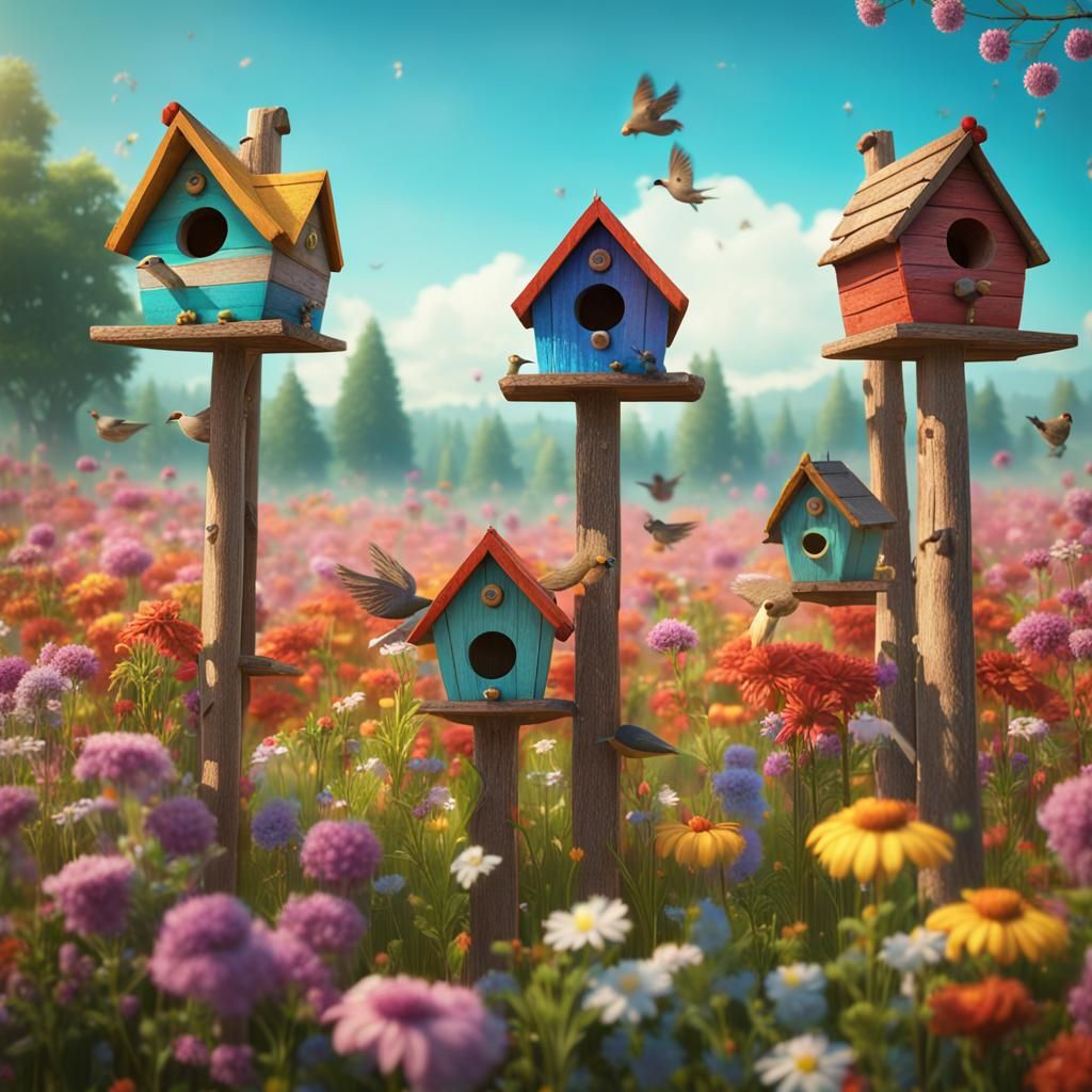 Enchanting Birdhouses in Flower Field, Matte Painting