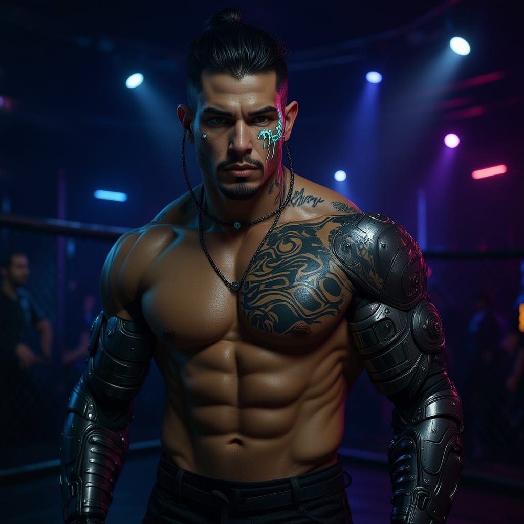Cyberpunk Polynesian Warrior with Neon Tribal Markings and C...