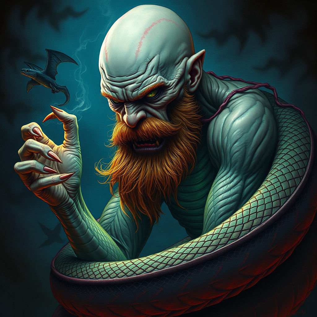 Menacing Snake-bodied Man in a Dark Mystical Atmosphere