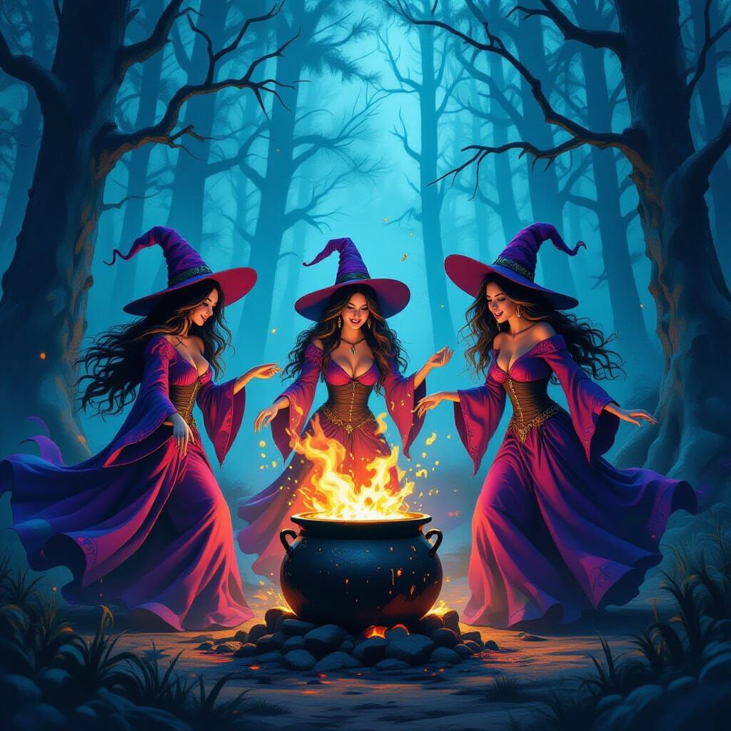Witches Dancing Around Cauldron in Graffiti Art Style