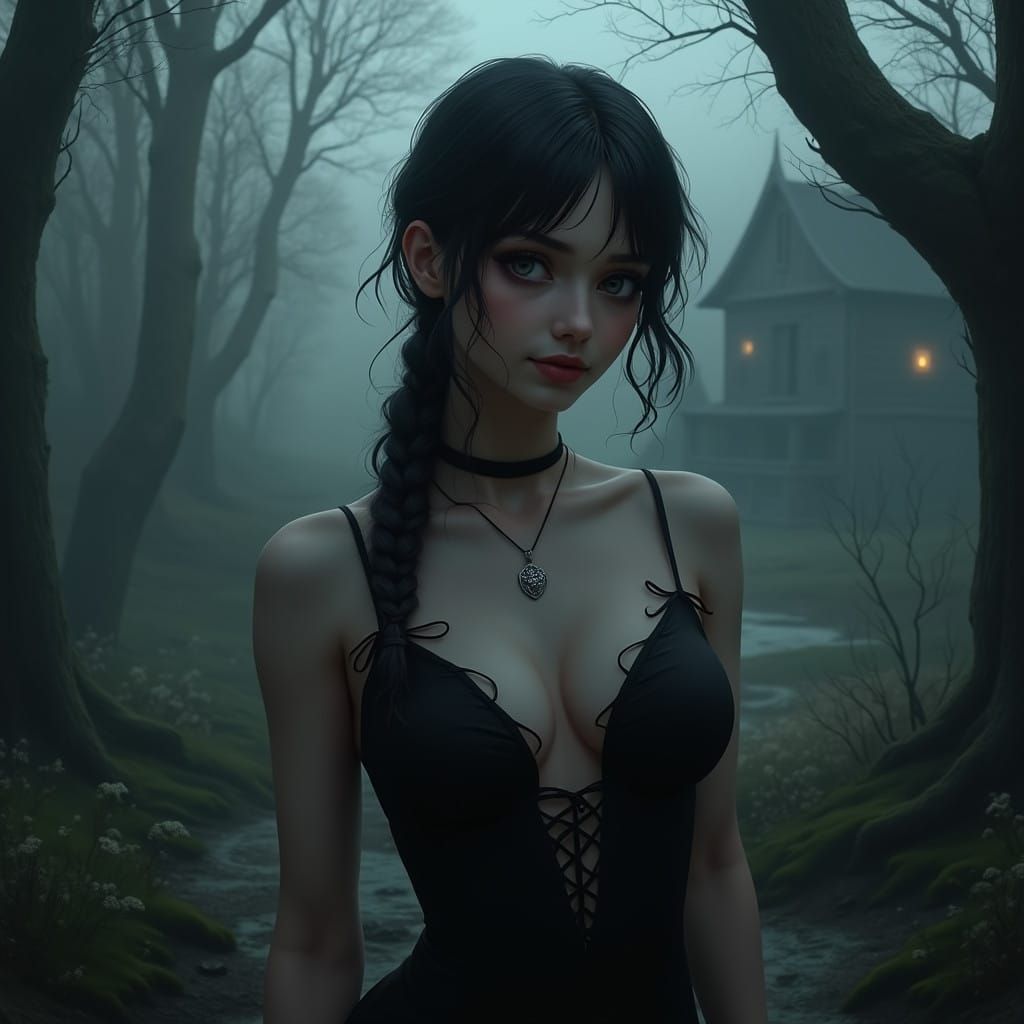 Mysterious Gothic Goddess in the Misty Valley