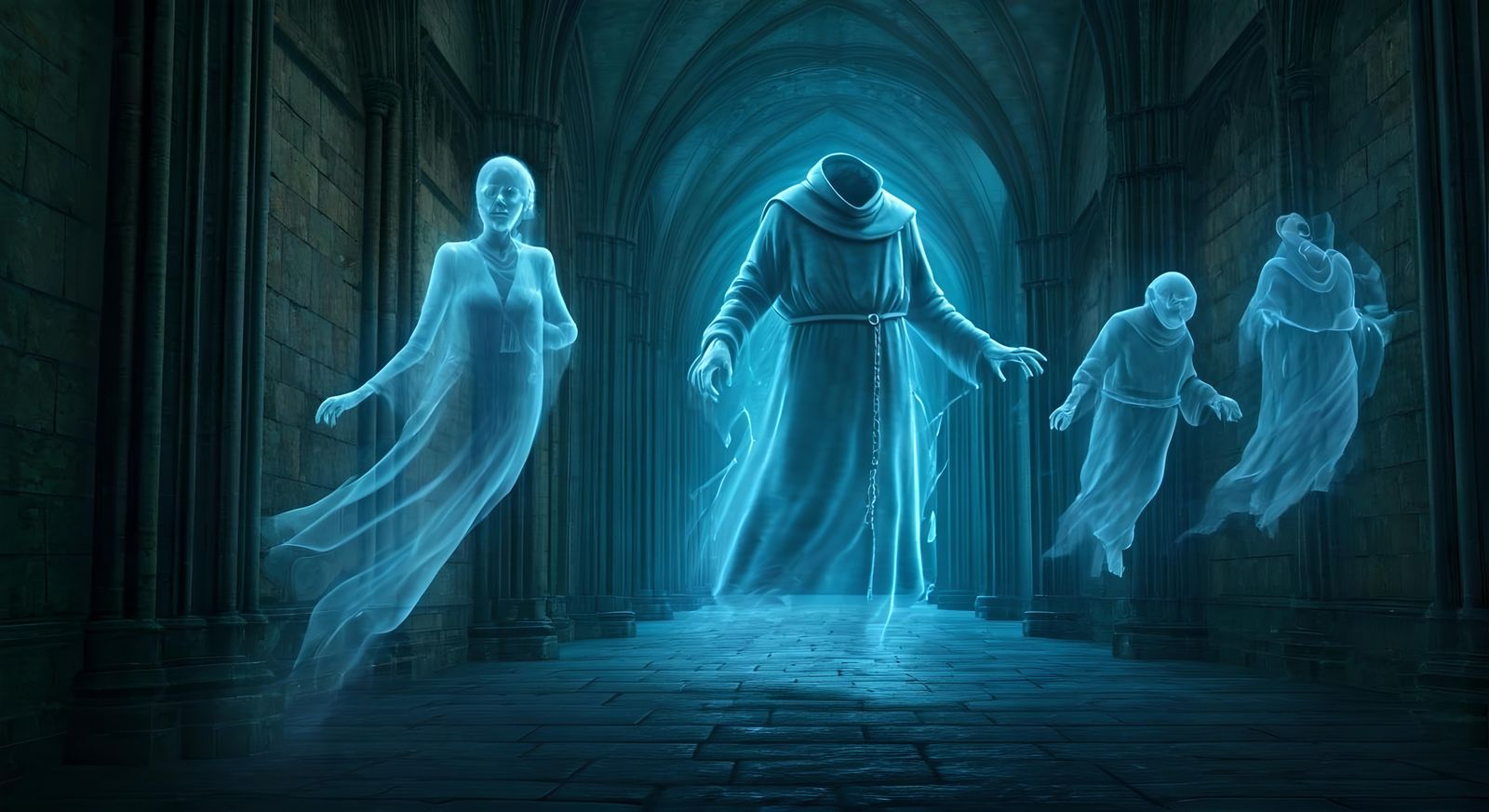 Ghosts Float Through Hogwarts: Hyperrealistic Concept Art