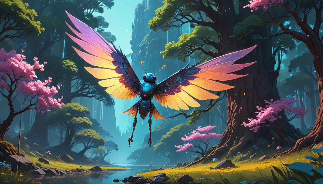 Biomechanical Creature Soaring Through Paradise in Sci-Fi Ar...