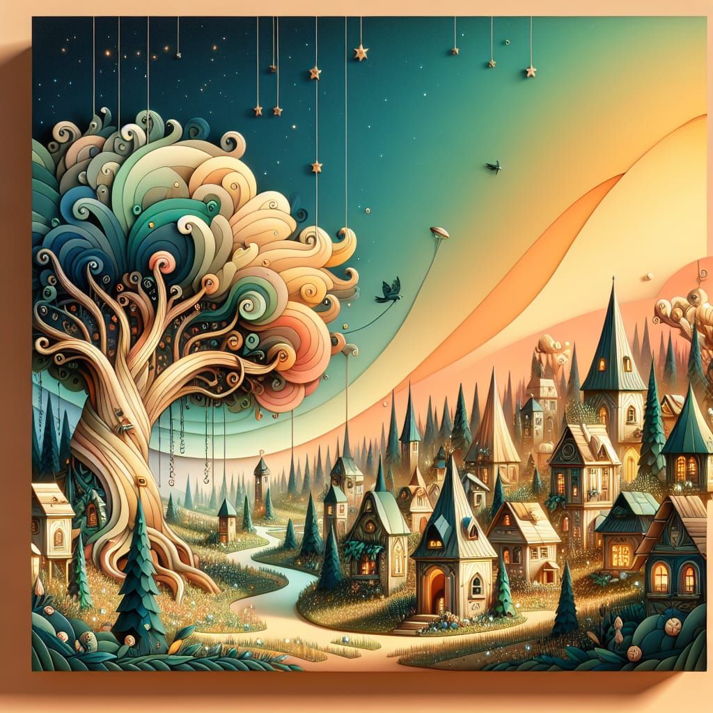 Whimsical Village with Exaggerated Houses and Giant Tree