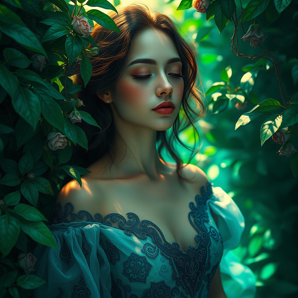 Ethereal Woman in Lush Foliage, Digital Matte Painting