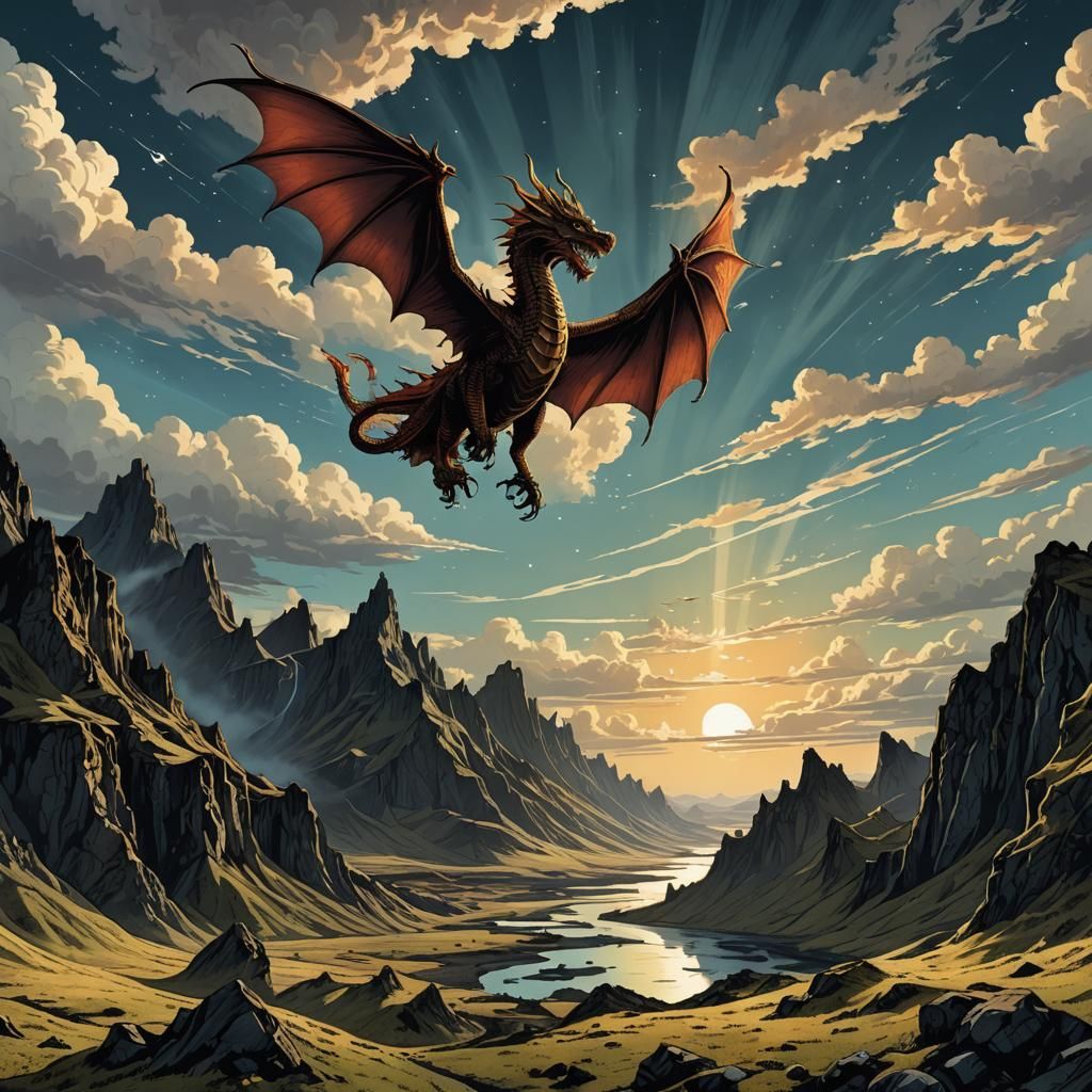 Flying Dragon Over Iceland in Retro D&D Style