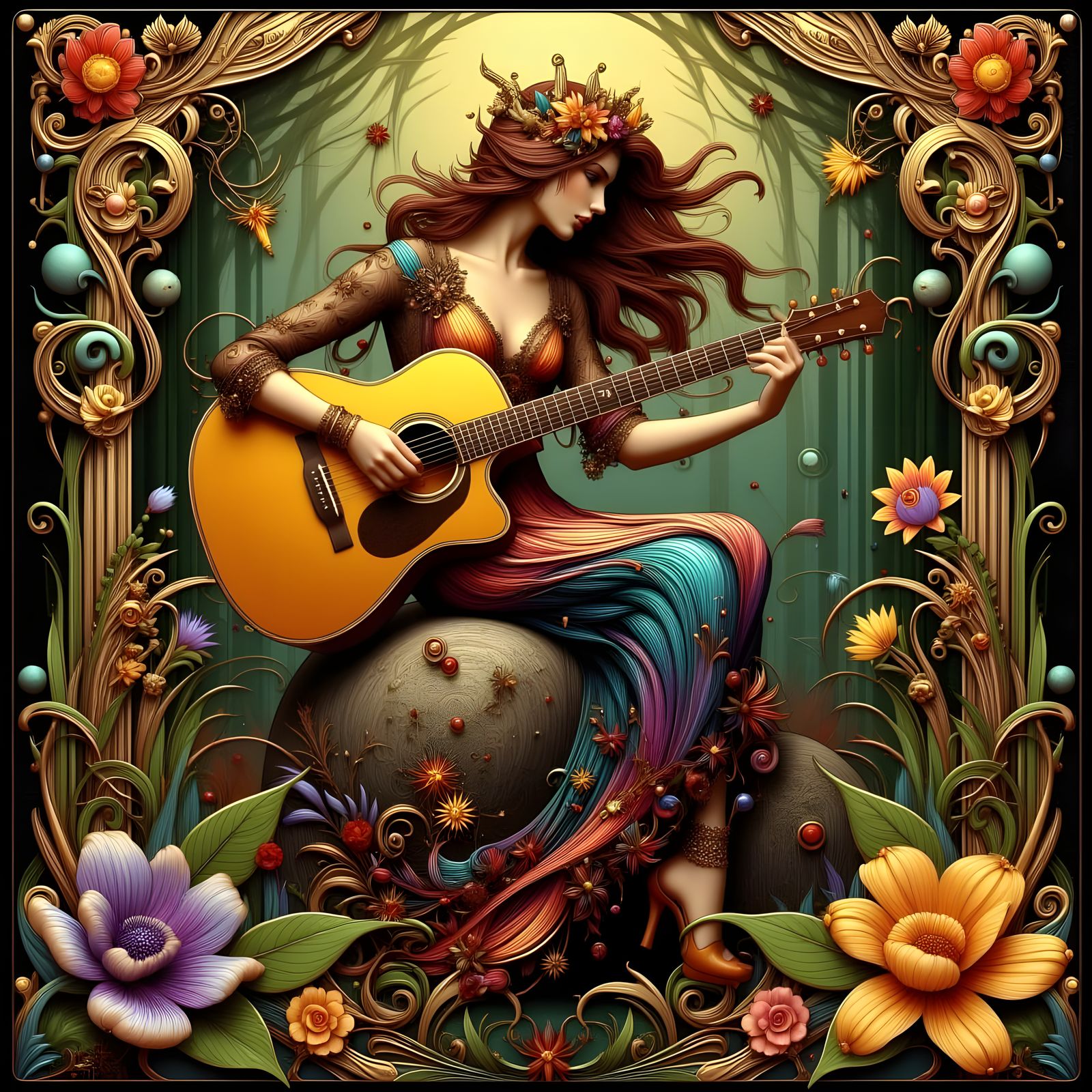 Woman Playing Guitar in Enchanted Forest, Klimt Style