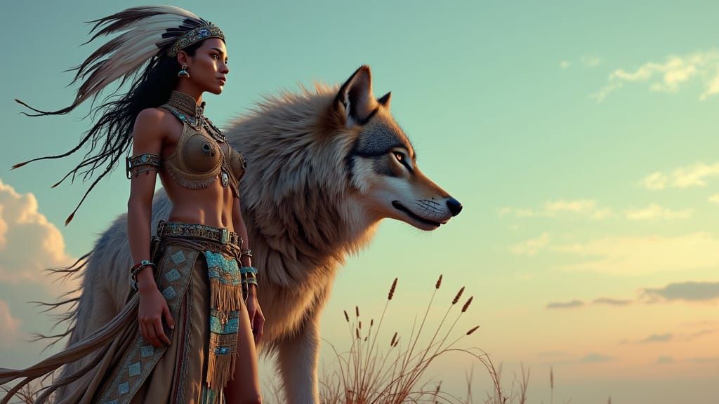 Elegant Native American Woman and Regal Wolf in Fantastical...