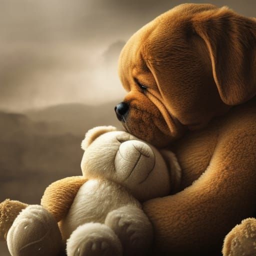 Dog Hugging Teddy Bear: Cinematic Digital Painting