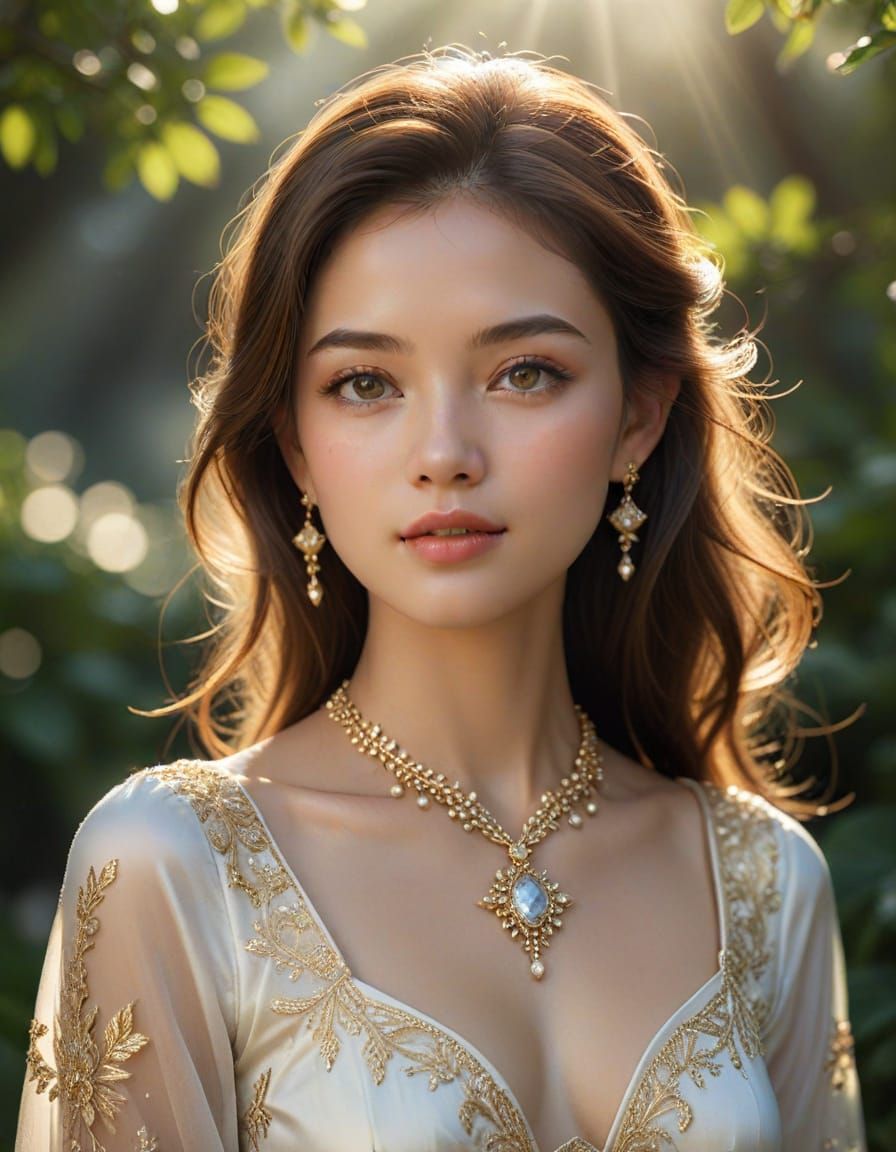 Radiant Woman in Flowing Red Gown: Hyper-Realistic Portrait