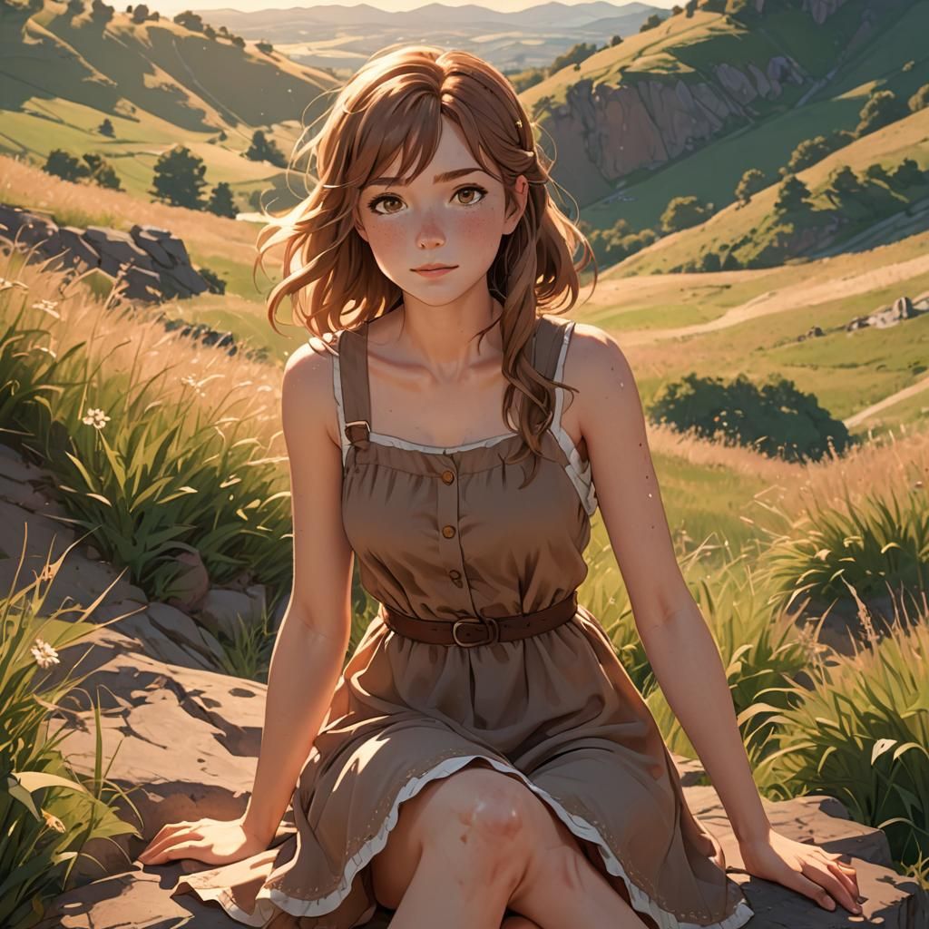 Anime Girl on Sun-Kissed Hill in Josei Manga Style