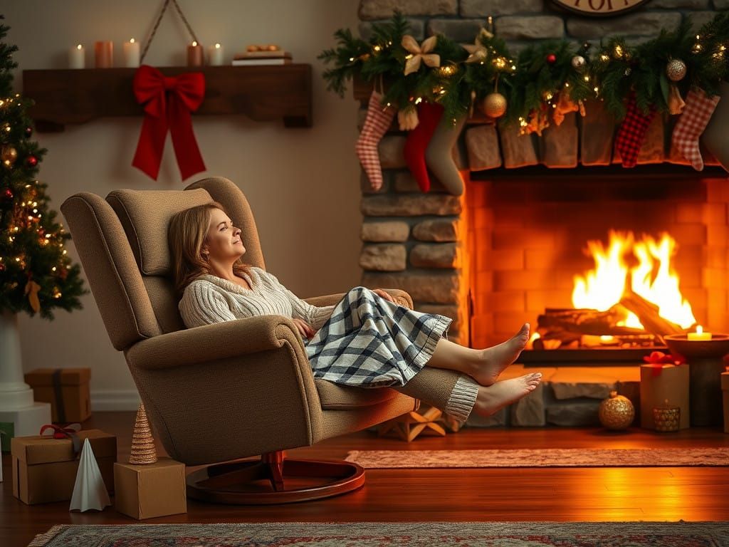 Cozy Christmas Scene with Barefoot Woman by Fireplace