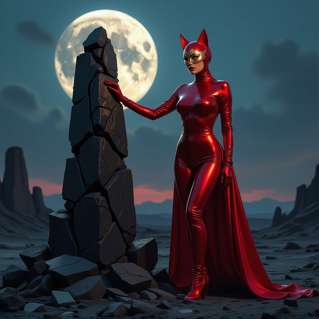 Iridescent Woman in Red PVC Catsuit: Dark Mysticism
