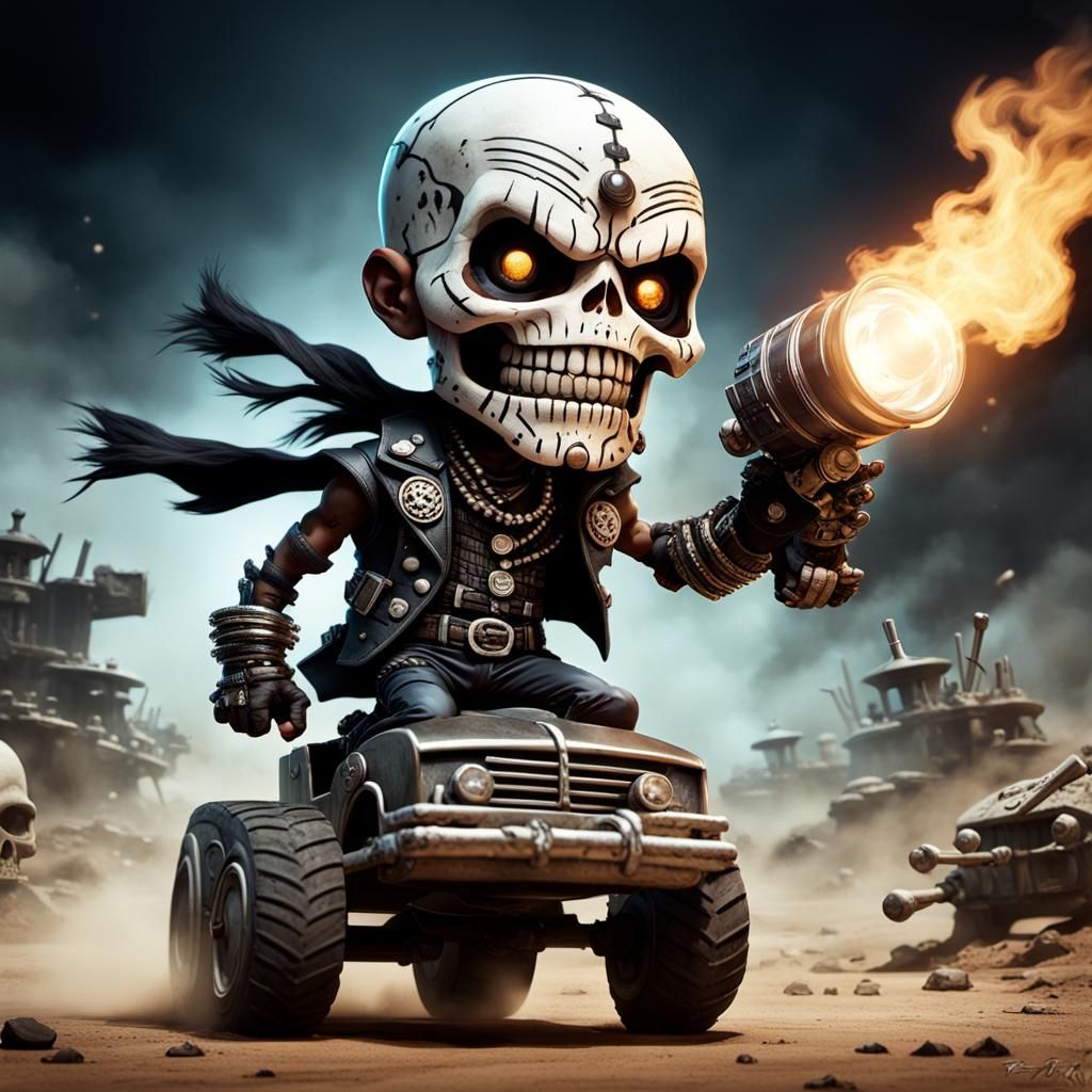 Chibi Baron Samedi Races Skull Tank in Mad Max Style