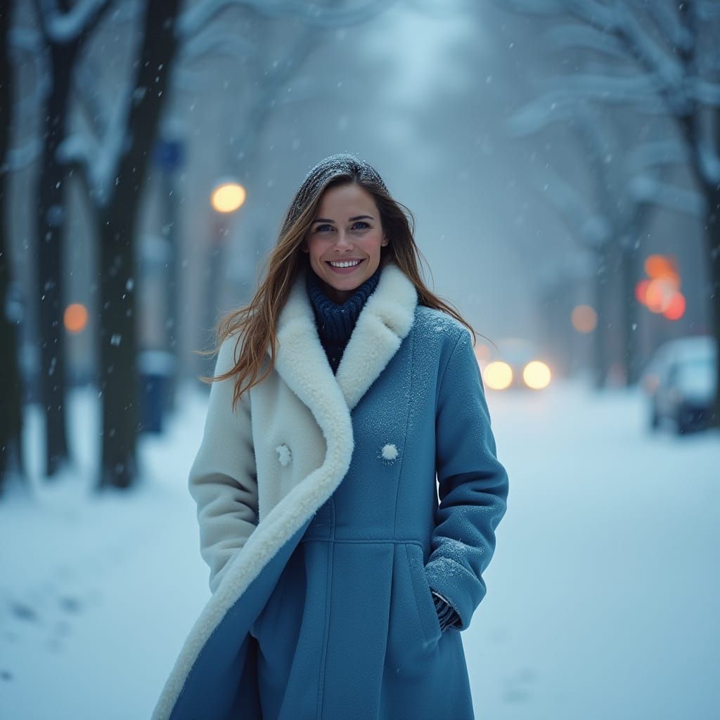 Elegant Woman in Snowy Winter Scene with Blue Velvet Cape