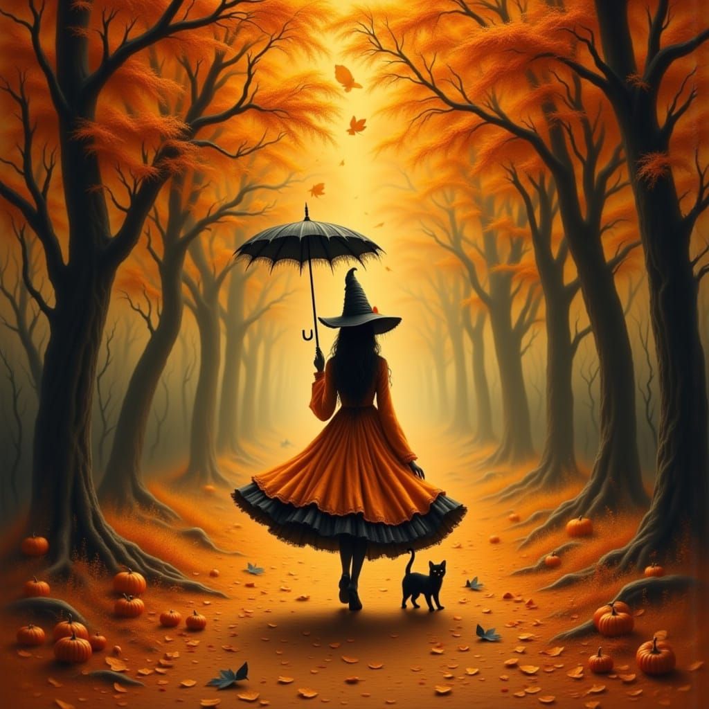 Whimsical Witch in Autumn Forest, Illustration