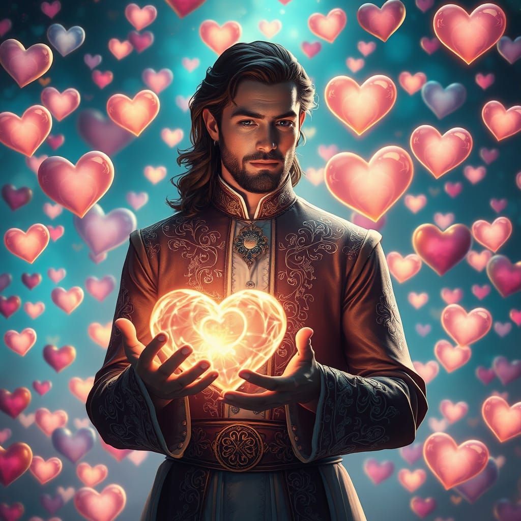 Elegant Gentleman Surrounded by Hearts in Whimsical Landscap...