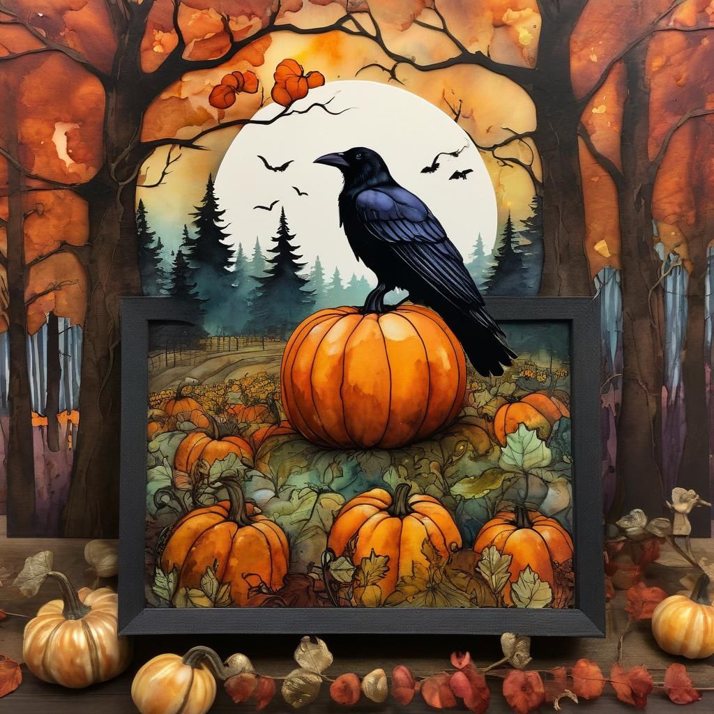 Alcohol Ink Pumpkin Patch with Crow