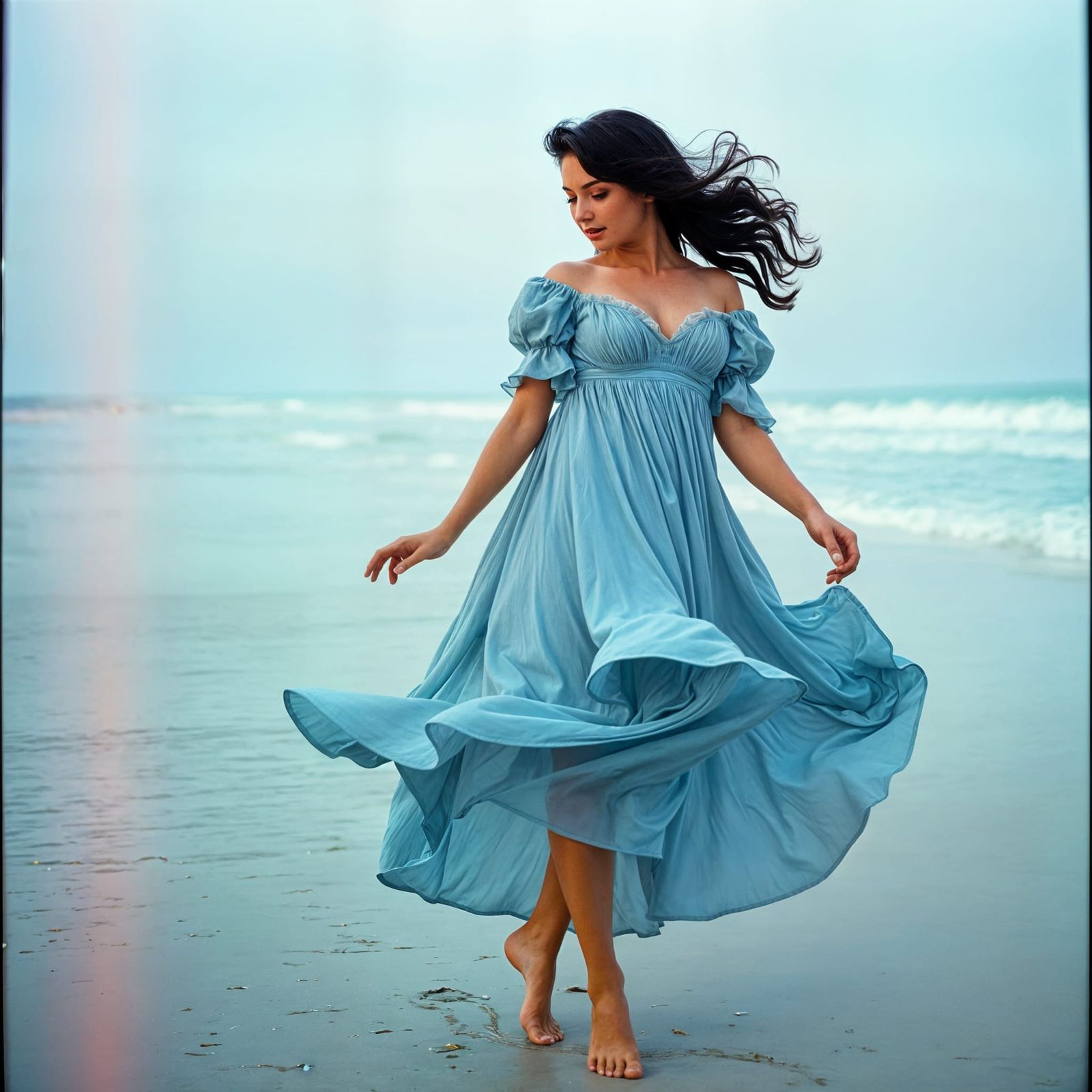 A Victorian Lady's Whimsical Winter Twirl on the Beach
