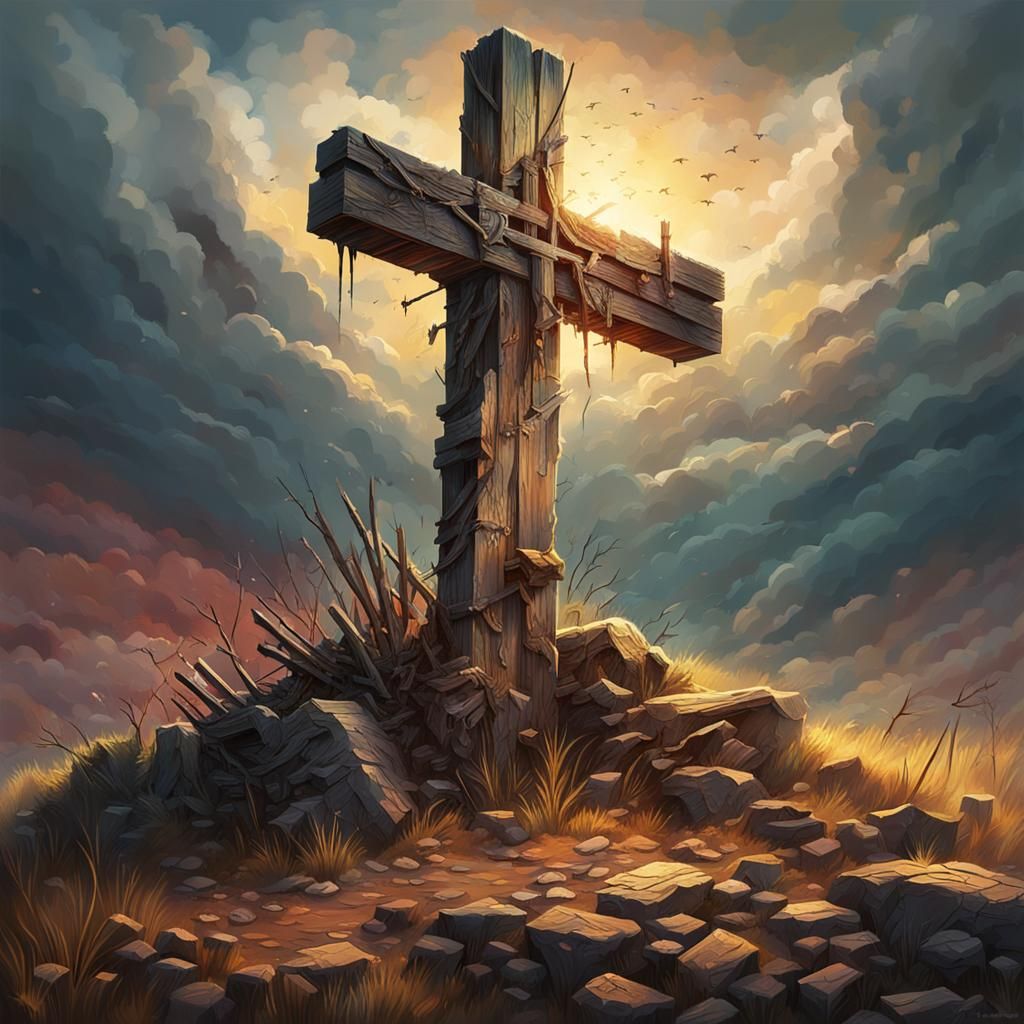 Hyperrealistic Old Rugged Cross in Splash Art Style