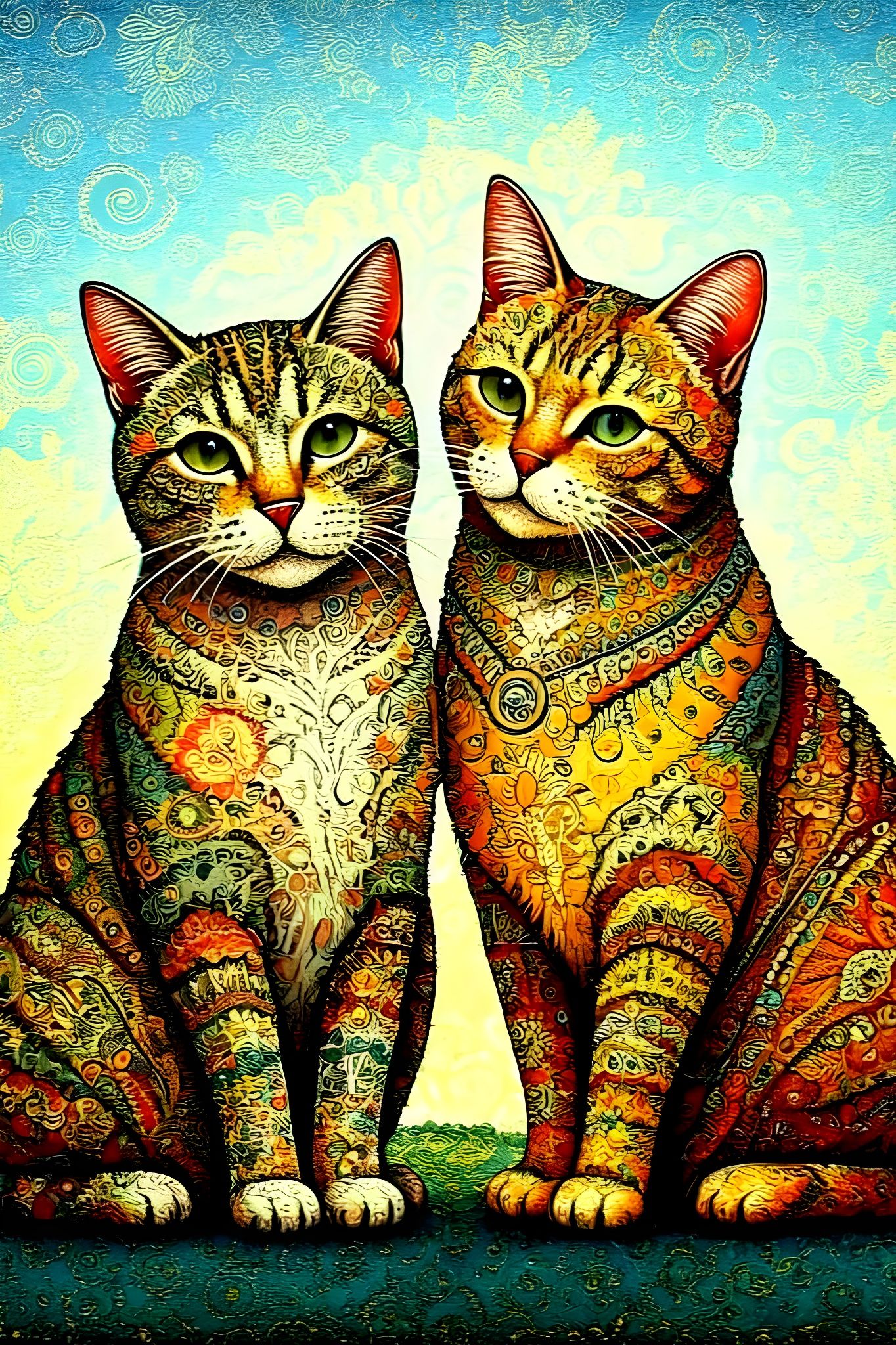 Whimsical Cat Couple in Vibrant Fantasy Collage