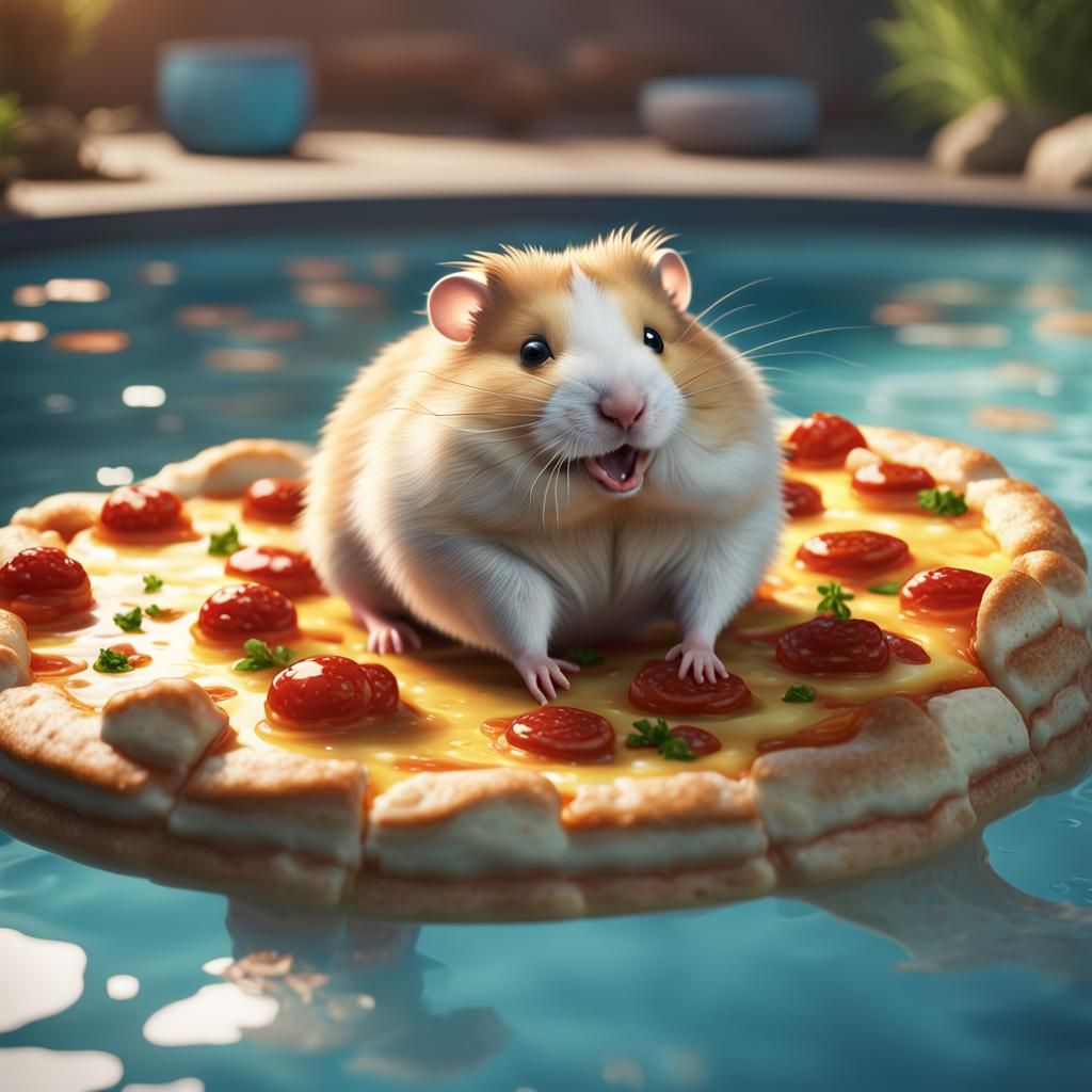 Hamster's Pizza Pool Party: Detailed Digital Art