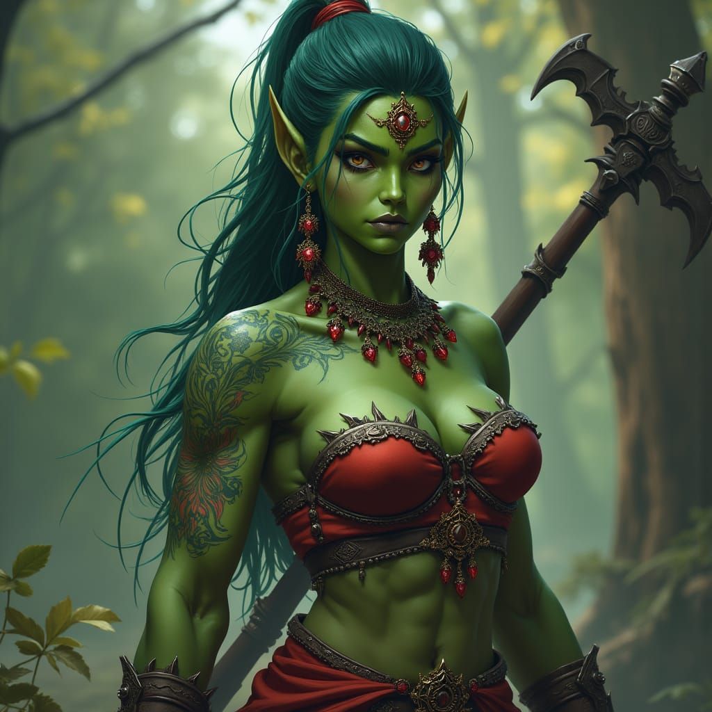 Half-Orc Barbarian Woman in Desert, Hyperrealistic Digital A...
