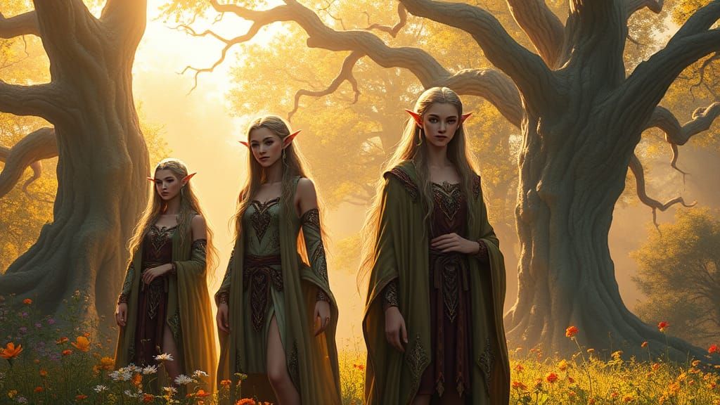 Elves in Forest Dawn: A Fantasy Illustration