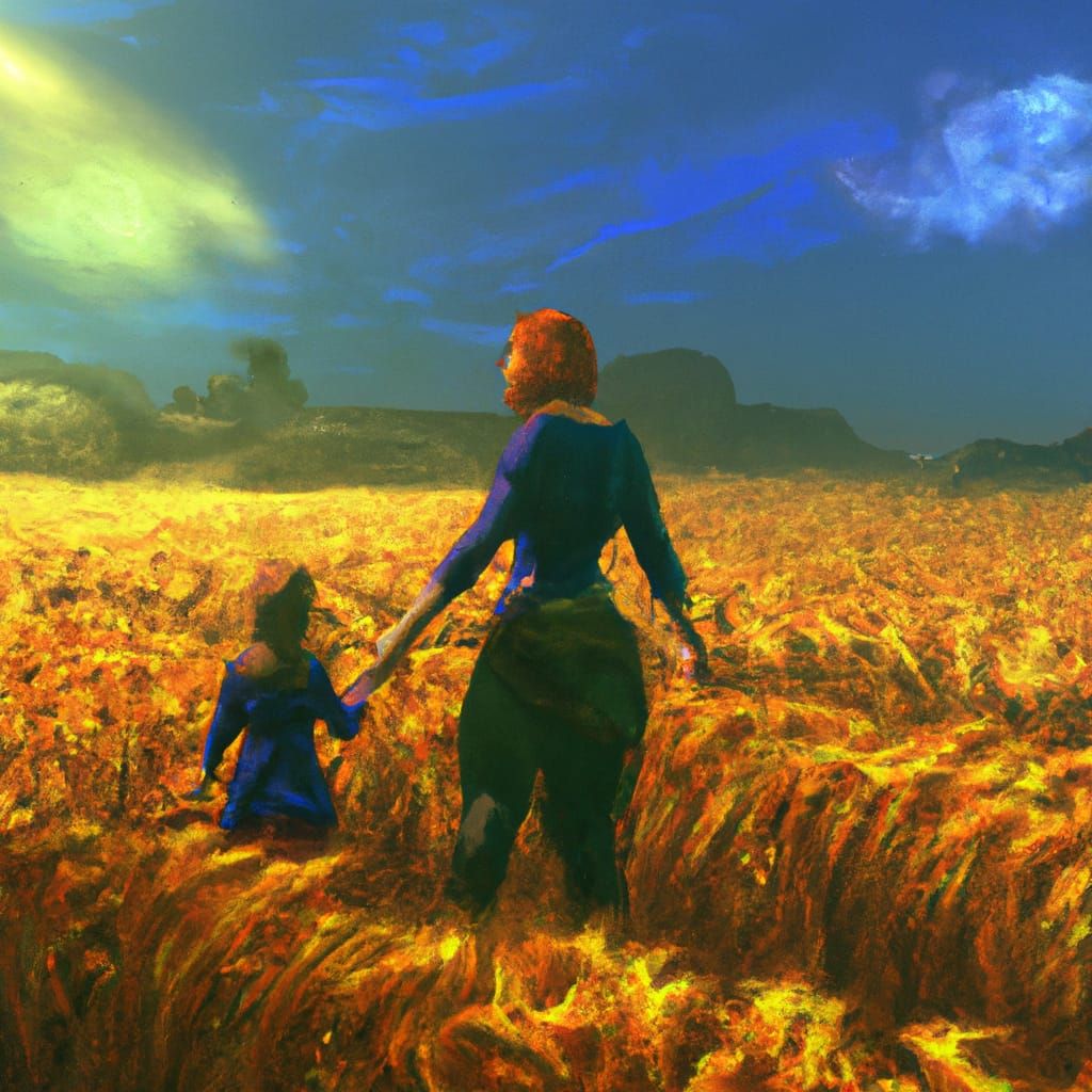 Mother and Daughter Walk Through Wheat Field