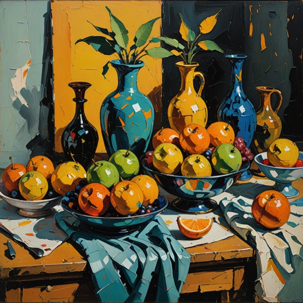 Vibrant Expressionist Still Life with Distorted Forms and Bo...