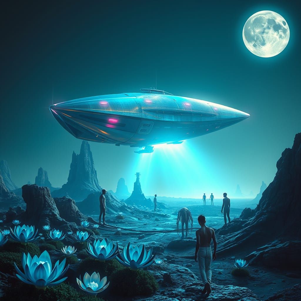 Cosmic Landing: Iridescent Spacecraft Descends on Mystical P...