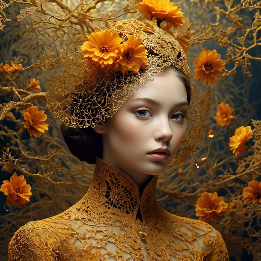 Fashion Model Portrait with Lace and Flowers