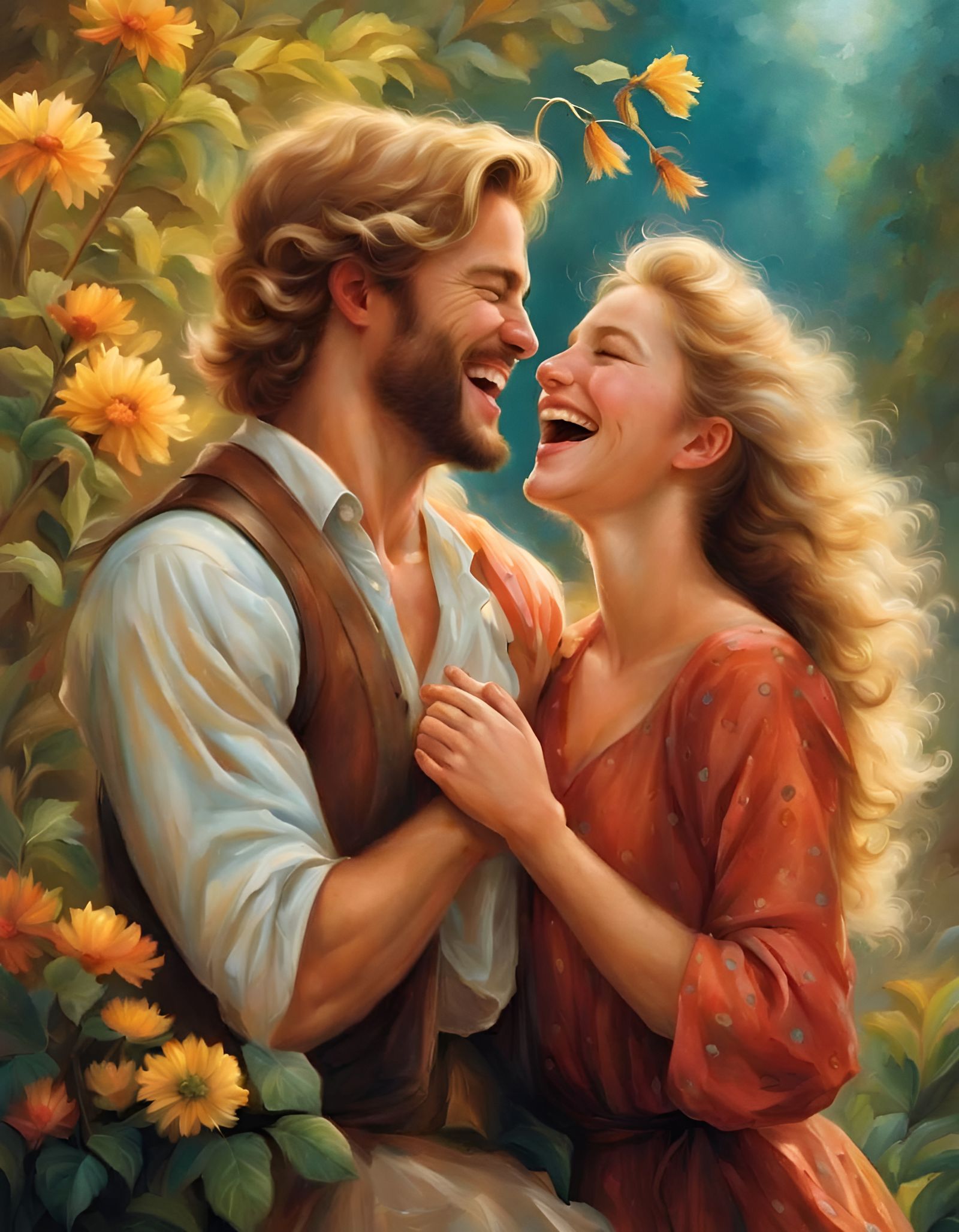 Friends Laughing Together in Classical Style