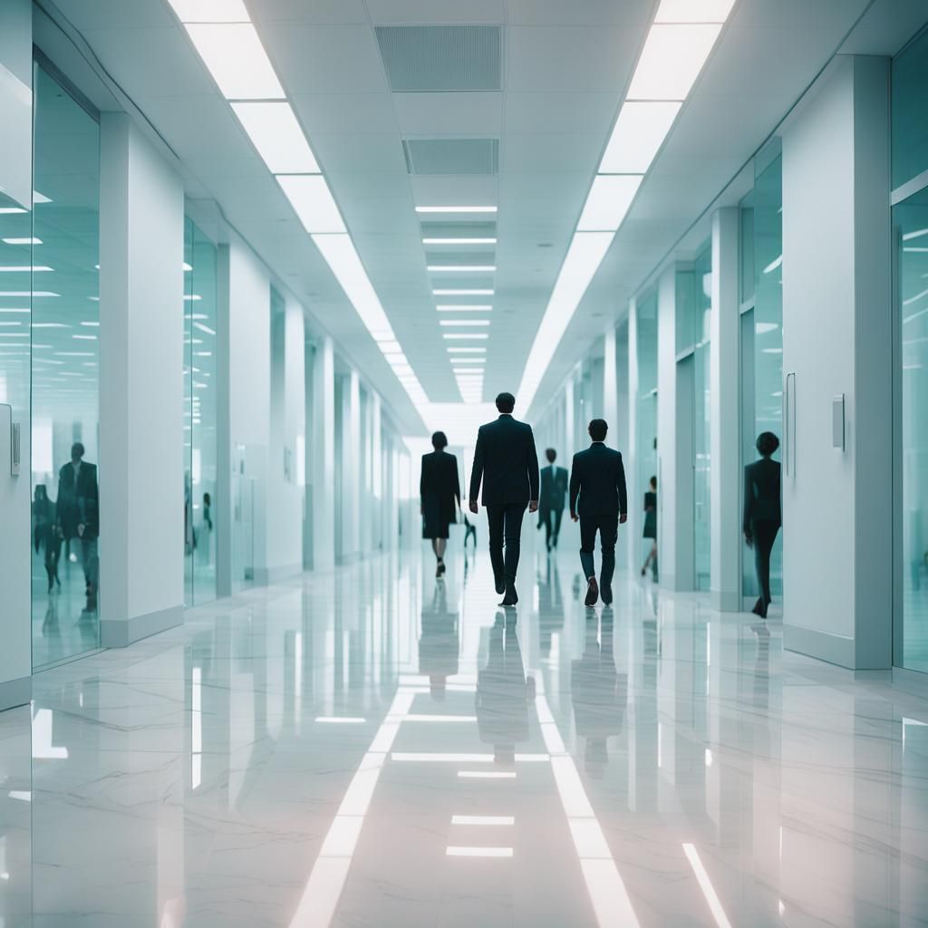Futuristic White Office Hallway in Cinematic Style