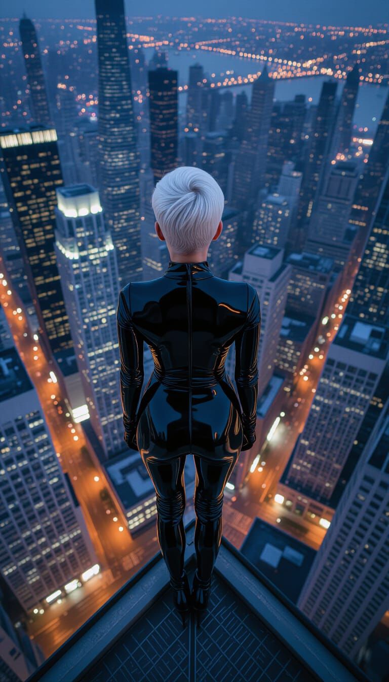 Woman in Latex Catsuit Gazing at City Lights