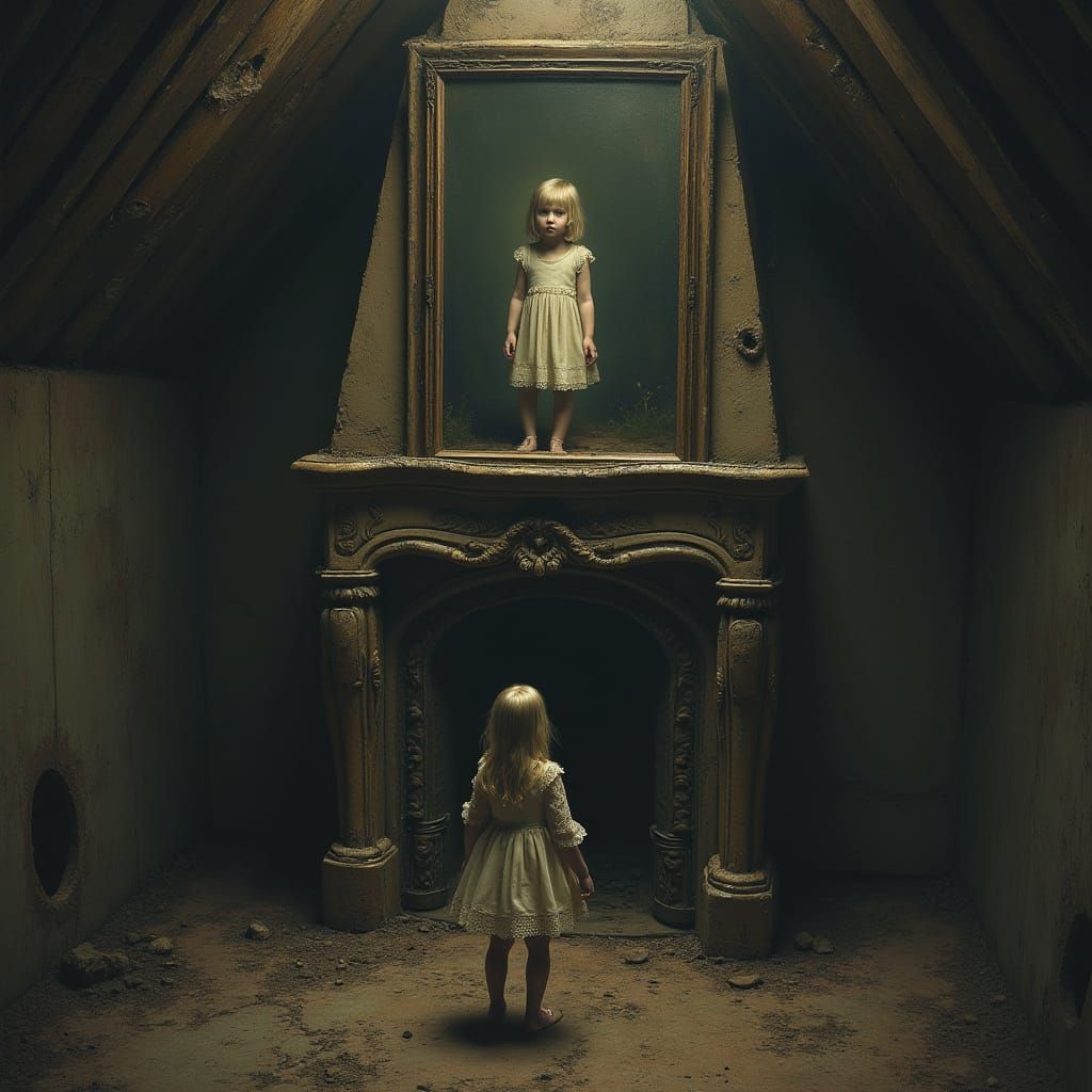 Ethereal Girl in Biomechanical Attic, Dark Surrealist Painti...