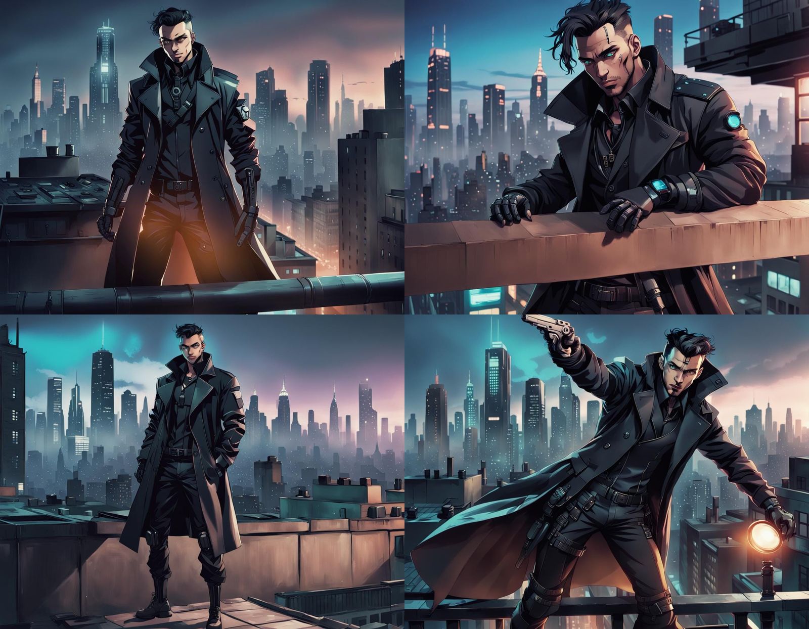 Cyberpunk Detective in Noir Style on Rooftop