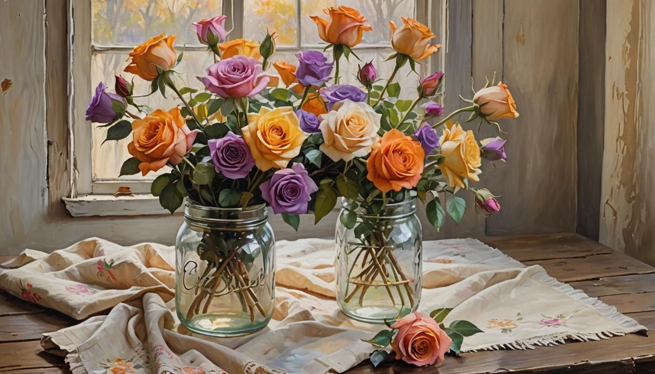 Rose Bouquet in Mason Jar: Impressionist Oil Painting