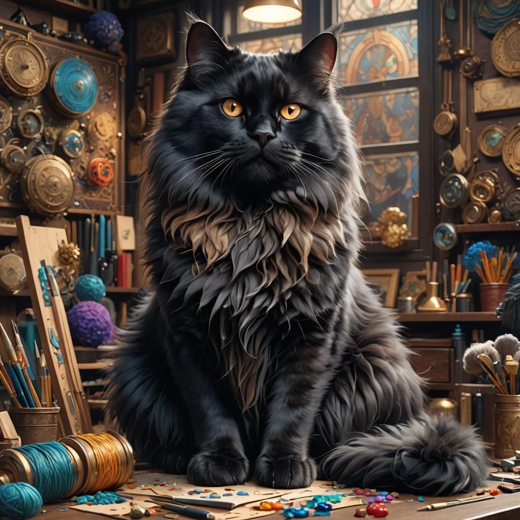 Fluffy Black Cat Portrait in Detailed Art Style