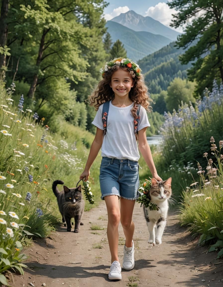 Girl with Cats and Wildflower Wreath in Cartoon Style