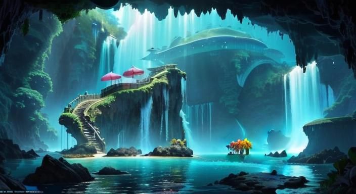 Lush Island Oasis with Mermaid and Rainbow