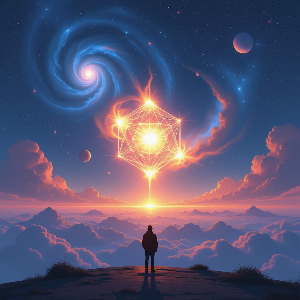 Cosmic Figure Gazing at Iridescent Gate